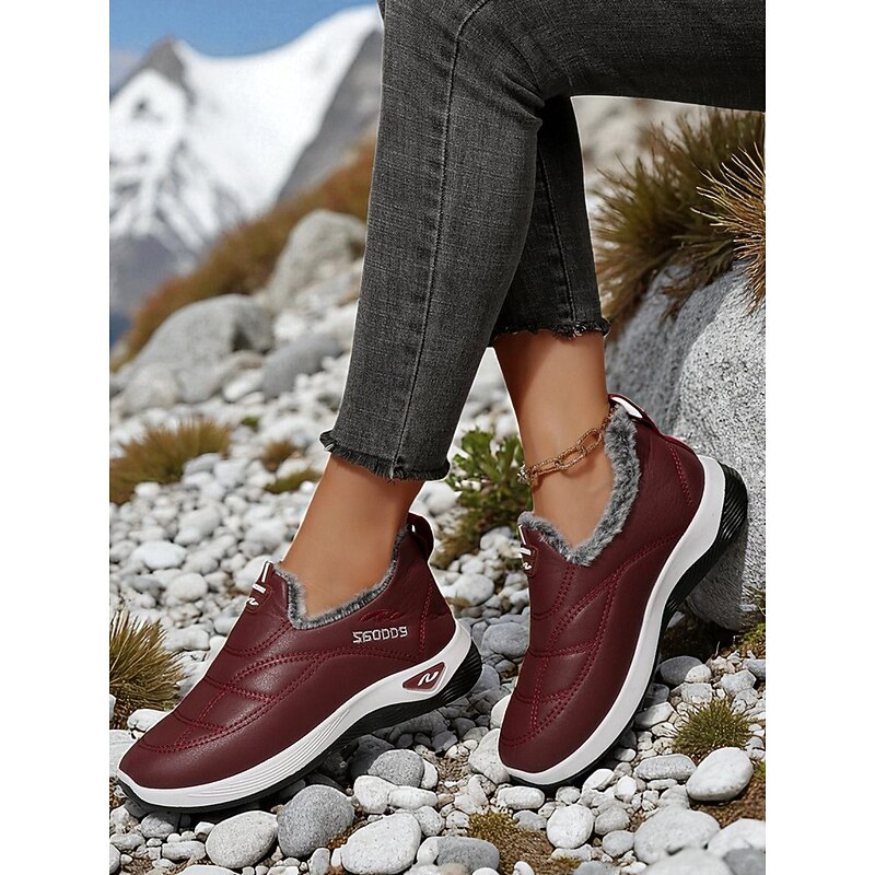 Women's Burgundy Winter Slip-On Sneakers – Faux Leather Warm Lined Shoes with Non-Slip Sole for Outdoor Casual Wear4