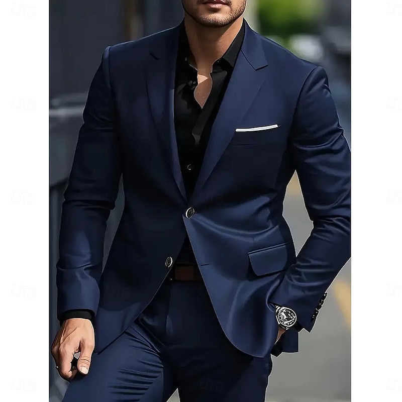 Men's Wedding Party Business Suits Notch Lapel Black Dark Blue Formal Solid Colored Tailored Fit 2 Piece Single Breasted Two-buttons