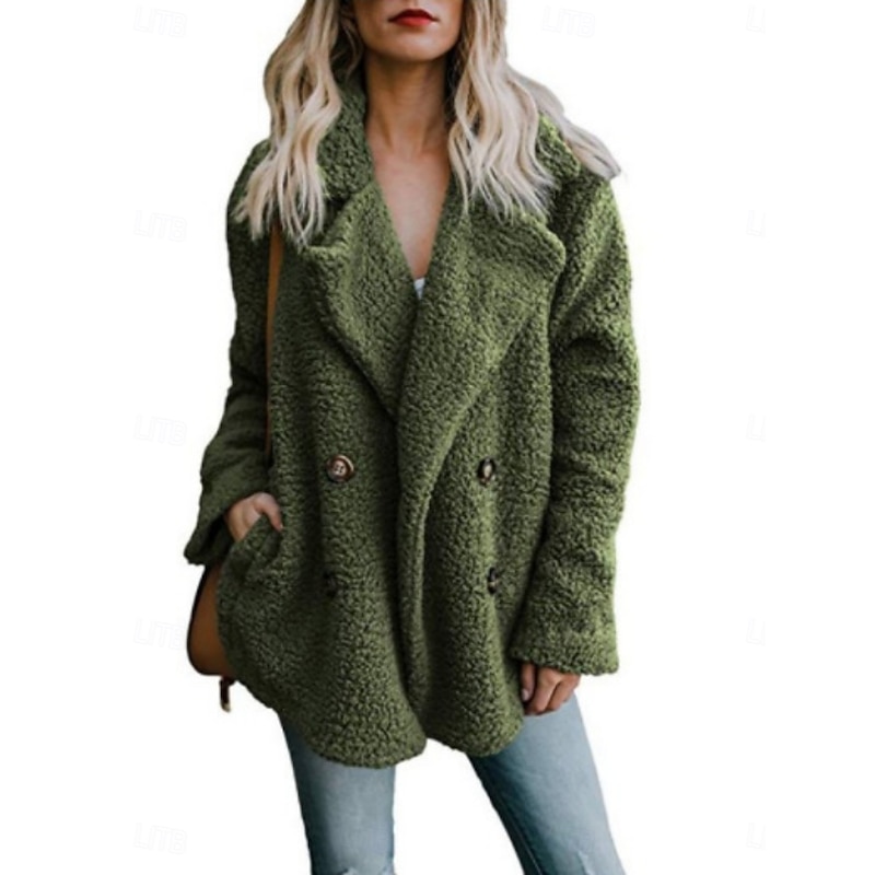 Women's Teddy Coat Comfortable Breathable Buttons Casual Plain Vacation Street Casual Daily Wear Double Breasted Regular Turndown Regular Fit Long Sleeve Outerwear White Red Dark Grey Spring Fall4