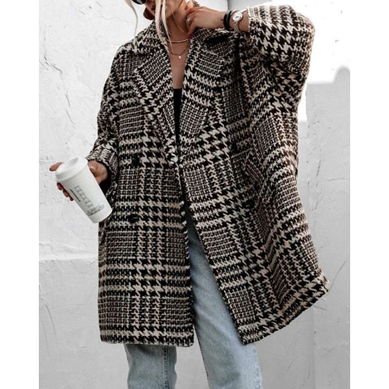 Women's Casual Jacket Warm Comfortable Pocket Buttons Fashion Outdoor Stripes and Plaid Going out Weekend Single Breasted Regular Lapel Regular Fit Long Sleeve Outerwear Black Apricot Fall Winter3