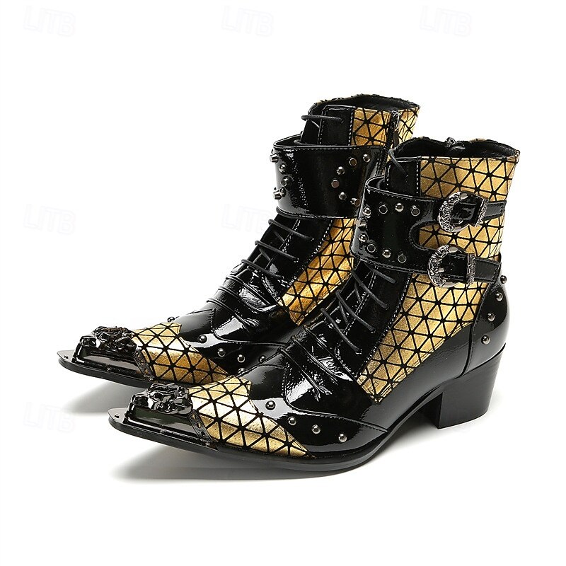 Men's Black and Gold Geometric Western Boots with Studded Detailing – Bold Fashion Footwear for Parties, Nightlife and Fashion Events2