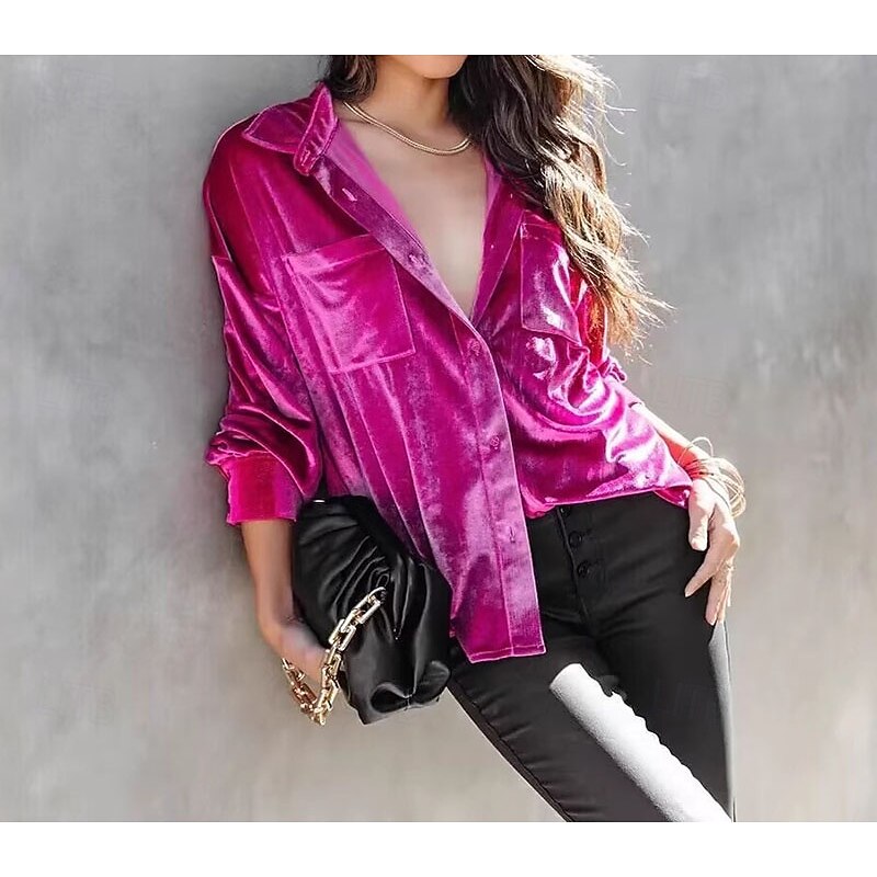 Women's Shirt Blouse Plain Stylish Long Sleeve Shirt Collar Regular Tops Daily Holiday Going out Ruched Pocket Buttons Purple Rose Pink Spring Fall2