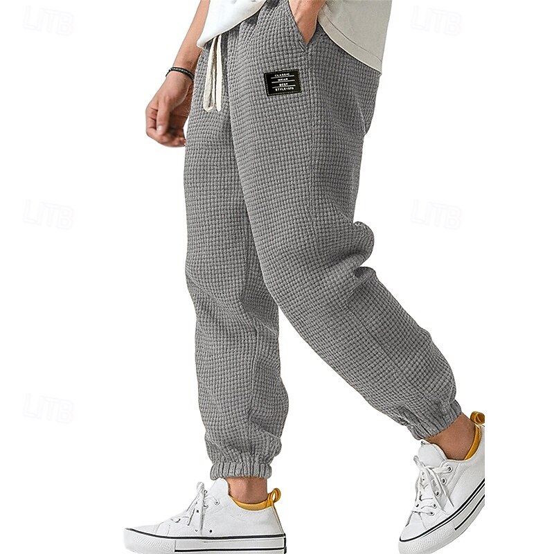 Men's Waffle Sweatpants Joggers Trousers Casual Pants Drawstring Solid Color Comfort Full Length Outdoor Daily Streetwear Fashion Classic Style Lake blue Black Stretchy