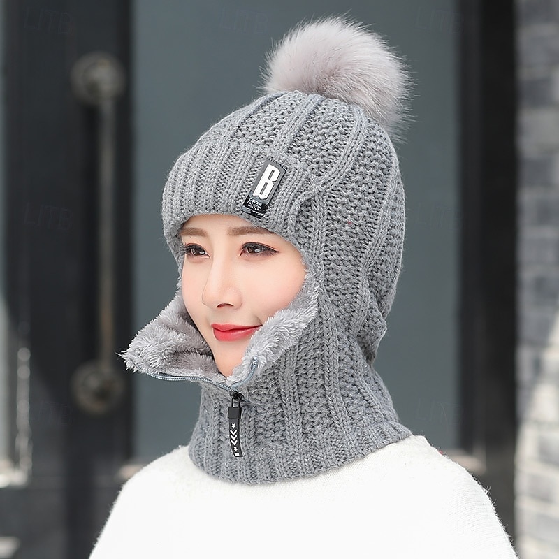 Winter Siamese Windproof Hat Women Warm Knit Beanie Scarf Set Fleece Lined Thickened Full Cover Hat Neck Warmer Outdoor Cycling Cold Weather Protective Cap4