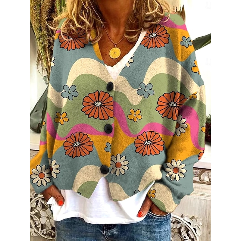Women's Sweater Cardigan Elegant Vintage Fashion Floral V Neck Pocket Knitted Print Long Sleeve Regular Tops Knit Outdoor Daily Weekend Purple Orange Fall Winter