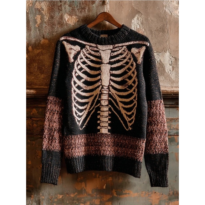 Halloween Women's Sweater Skeleton  Cute Streetwear Casual Graphic Skeleton Crew Neck Patchwork Knitted Long Sleeve Regular Tops KnitBlack Orange Fall Winter3