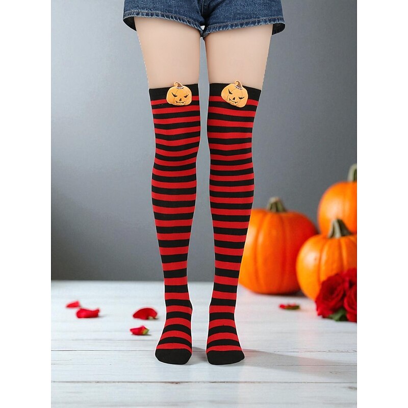 Women's Halloween Striped Over the Knee Socks - Pumpkin Embroidered Thigh High Stockings for Party, Cosplay and Costume Outfits3