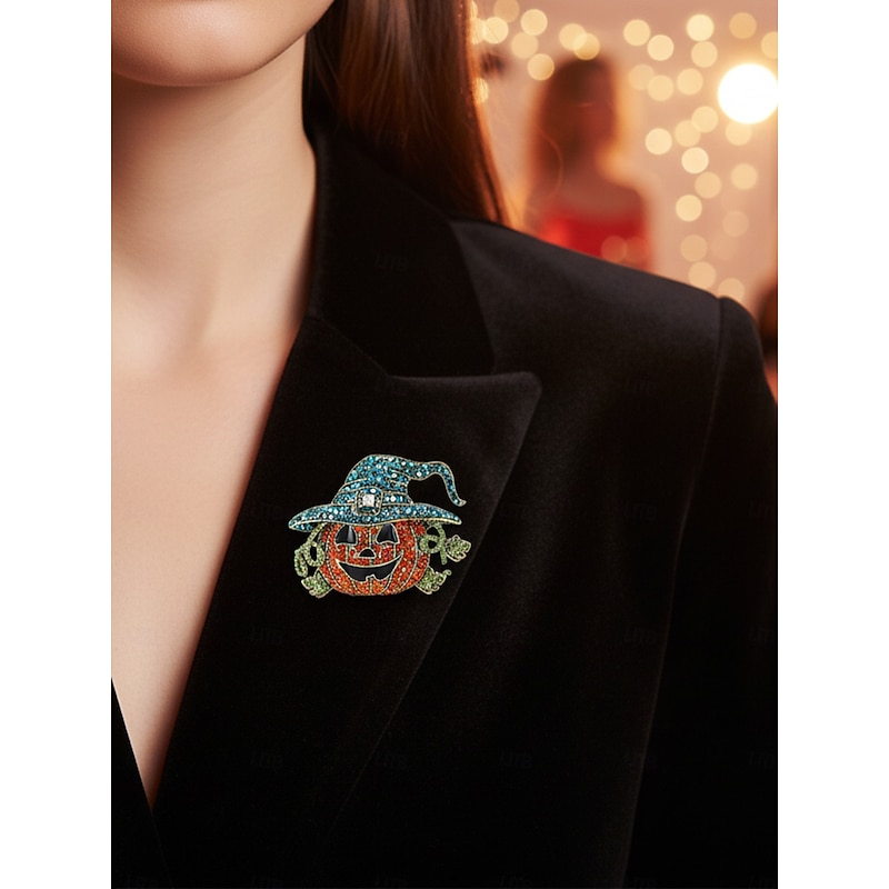 Women's Halloween Pumpkin Witch Hat Brooch - Sparkly Rhinestone Pin Badge for Costume Party and Festive Accessories