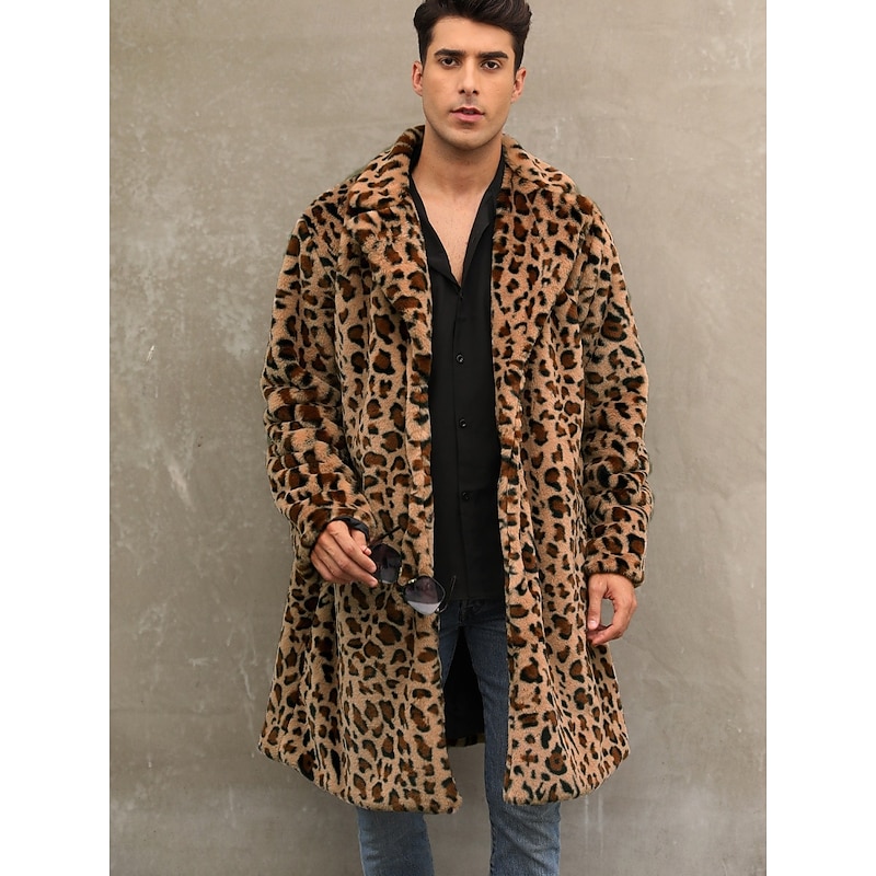 Men's Winter Coat Fur Coat Coat Vacation Casual Winter Polyester Soft Outdoor Outerwear Clothing Apparel Warm Ups Comfort Leopard Pocket Lapel
