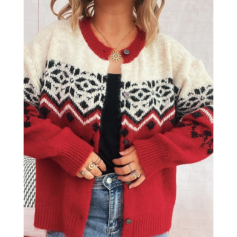 Women's Sweater Cardigan Streetwear Casual Floral Ribbed Crew Neck Buttons Knitted Print Long Sleeve Regular Tops Knit Christmas Outdoor Holiday Red Blue Fall Winter3