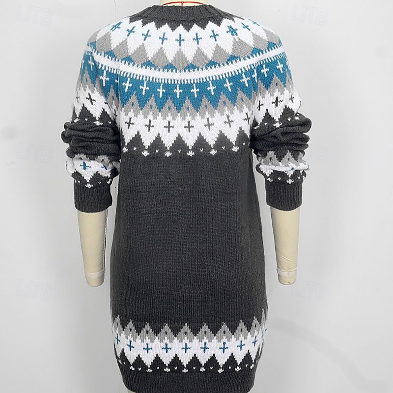 Women's Mini Dress Sweater Dress Vintage Fashion Modern Daily Holiday Going out Regular Fit Geometric Long Sleeve Crew Neck Dark Gray Fall Winter3