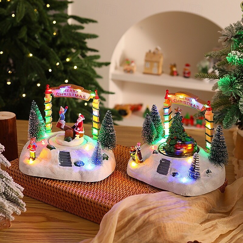 1 Pc 19 * 16CM Christmas resin music box ornament Christmas house European style snow house Santa Claus Christmas tree music LED light AAA battery or USB power supply dual-use model2
