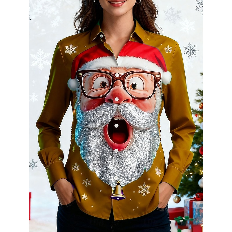 Christmas Women's Shirt Graphic Santa Claus Elegant Vintage Tropical Long Sleeve Shirt Collar Regular Tops Work Daily Holiday Yellow Red Blue Green Fall Winter4