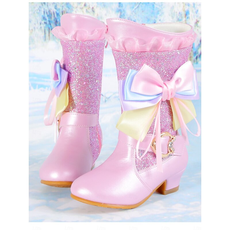 Girl's Pink Glitter Bow Boots -Sparkly Mid-Calf Princess Shoes with Ruffle Trim for Parties, Cosplay, and Dress-Up4