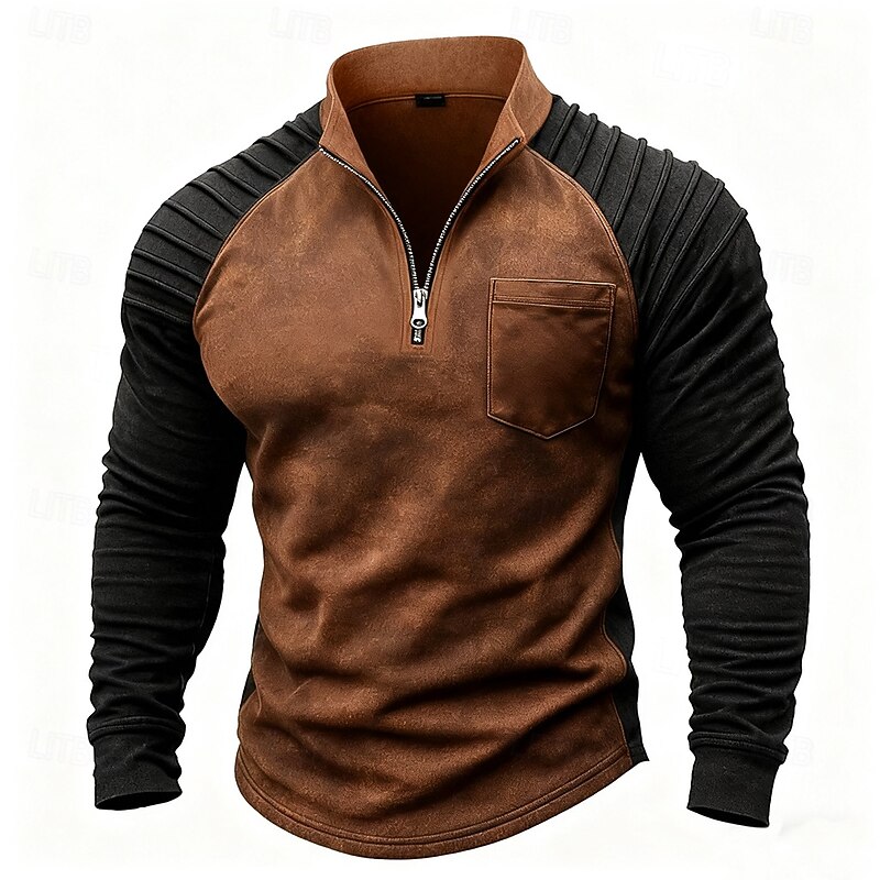 Men's T Shirt Long Sleeve Stand Collar Fall Winter Spring &  Fall Color Block Vintage Daily Casual Ruched Zipper Color Block Outdoor Causal Casual Brown Gray Green Top Tee for Men2