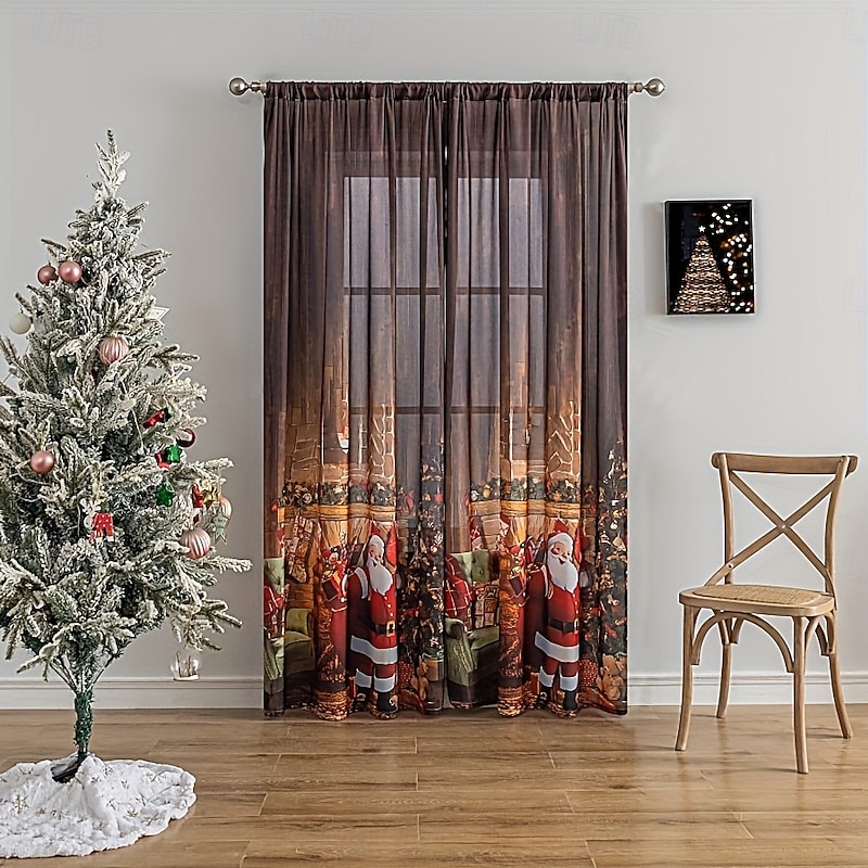 Modern Minimalist Christmas Digital Print Sheer Curtains, Home Decoration, Light-Transmitting Polyester Fabric Drapes3