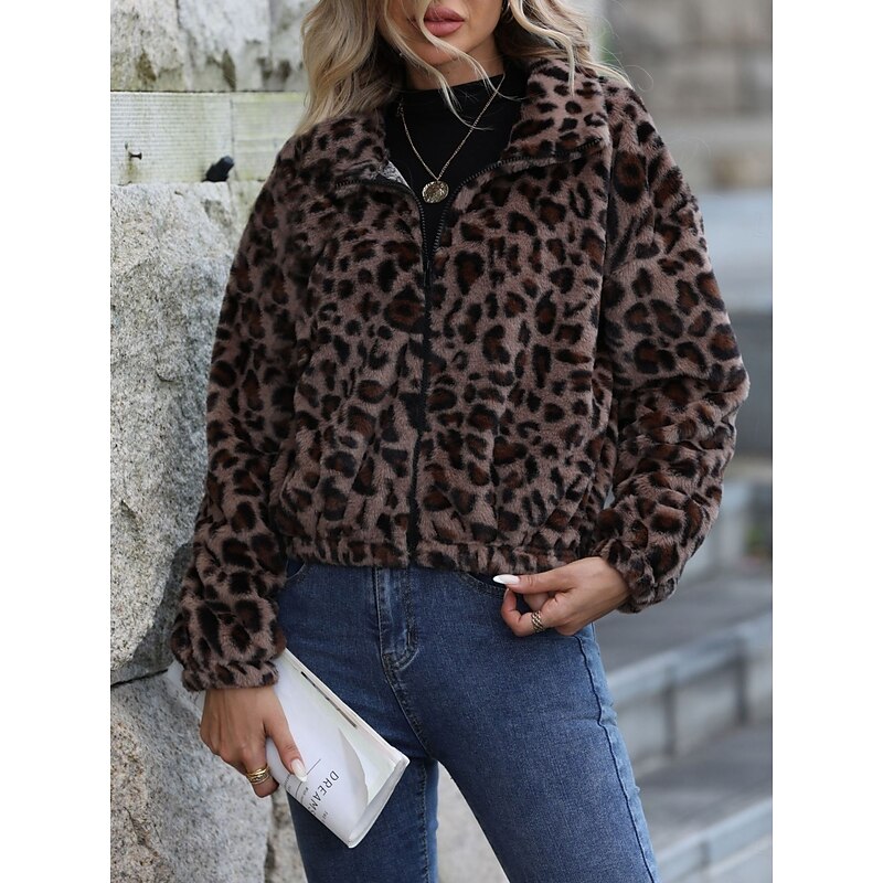 Women's Sherpa Jacket Teddy Coat Comfortable Breathable Pocket Print Casual Leopard Vacation Street Casual Daily Wear Zipper Short Turndown Loose Fit Long Sleeve Outerwear Leopard Spring Fall