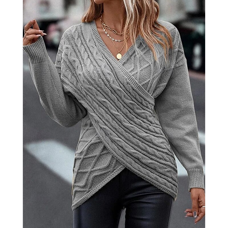 Women's Sweater Pullover Elegant Fashion Streetwear Solid Color Ribbed V Neck Knitted Asymmetric Hem Long Sleeve Regular Tops Knit Outdoor Daily Weekend Gray Fall Winter