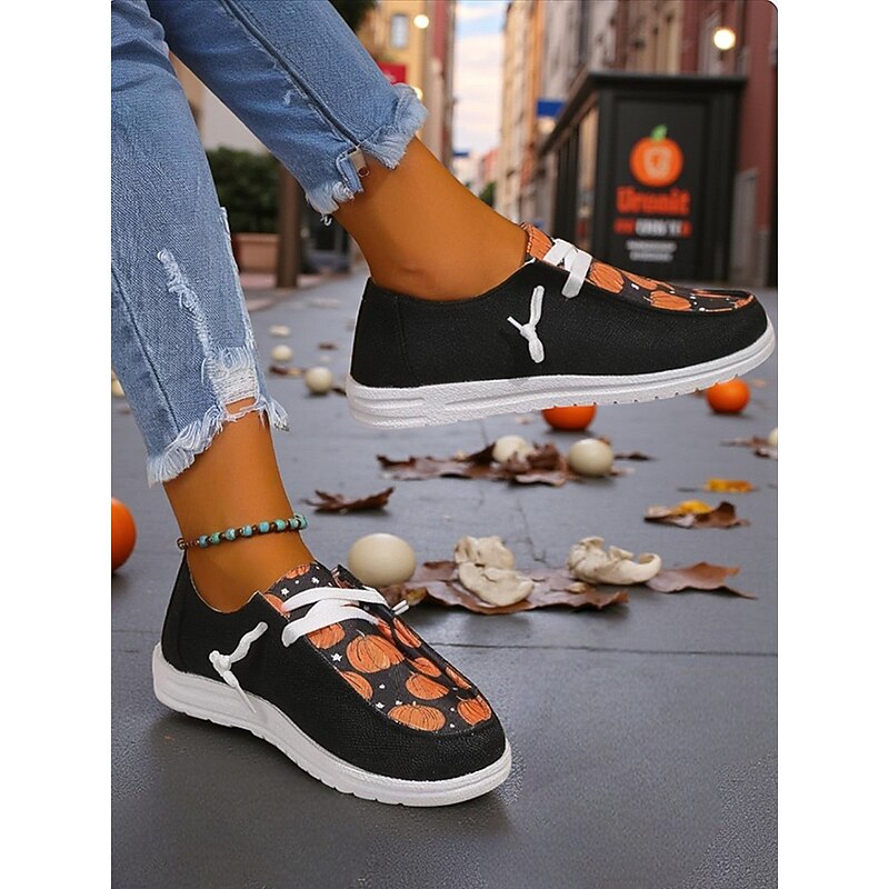 Women's Halloween Pumpkin Loafers – Comfortable Slip-On Casual Shoes with Lace-Up Design for Fall Festival, Streetwear and Holiday Party3
