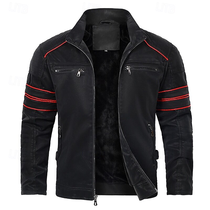 Men's Faux Leather Jacket Fleece Jacket Biker Jacket Motorcycle Jacket Vacation Daily Windproof Warm Patchwork Pocket Fall Winter Stripes Fashion Classic Stand Collar Regular Black Jacket