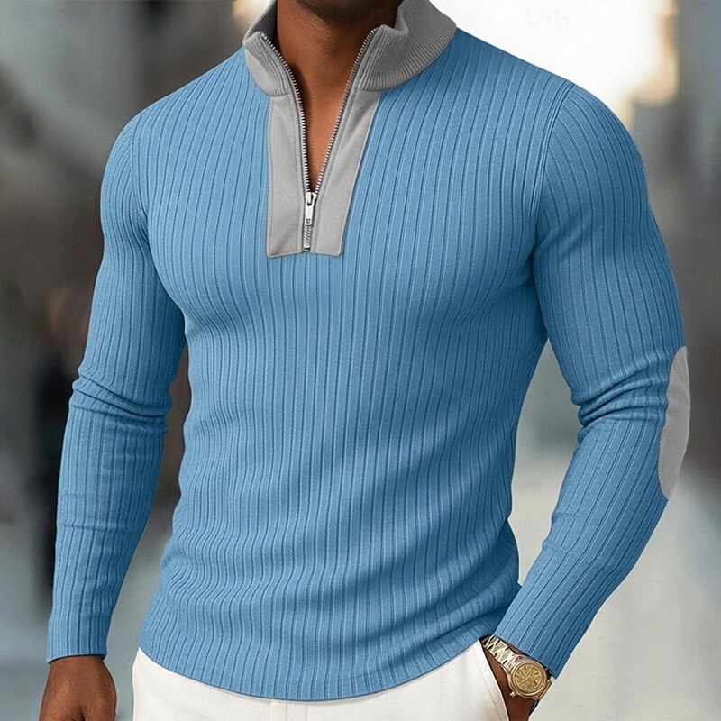 Men's T Shirt Ribbed Knit tee Tee Top Long Sleeve Shirt Long Sleeve Stand Collar Half Zip Spring Fall Winter Plain Pit Strip Fashion Designer Basic Knitting Vacation Street Casual Black Wine Blue Top4