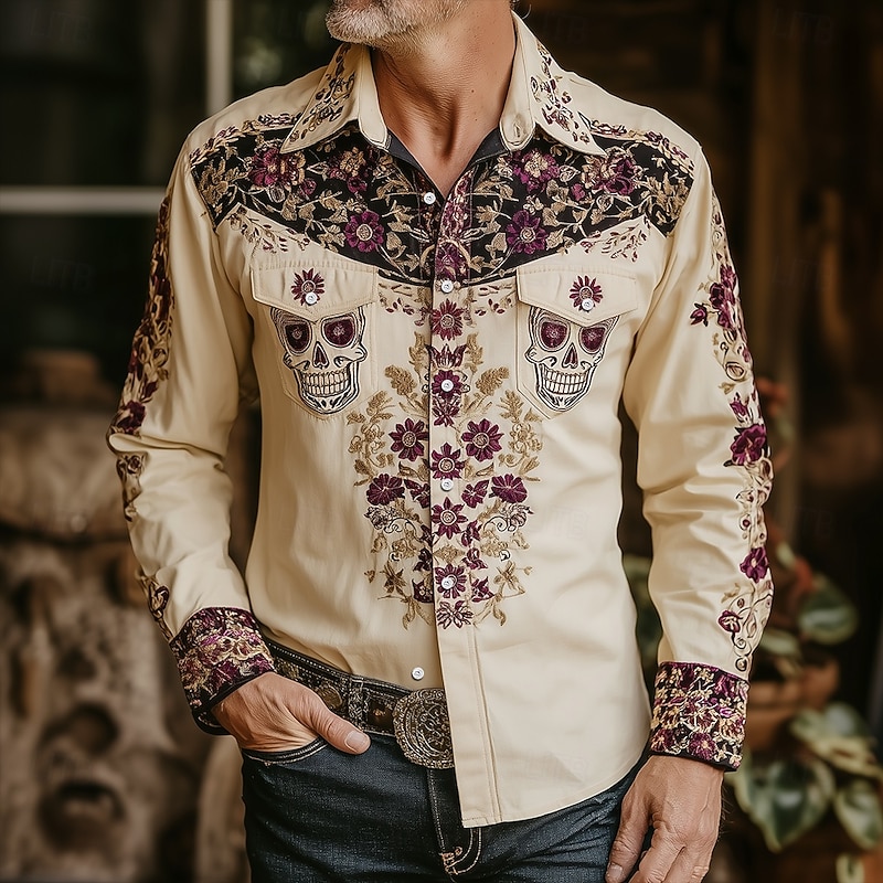 Men's Skull Floral / Flower Day of the Dead Shirt Western Shirt Cowboy Shirt Long Sleeve Vintage Retro Outdoor Holiday WorkWear Spring Fall Turndown Front Two Pockets Linen Like Shirt Button Up Shirts