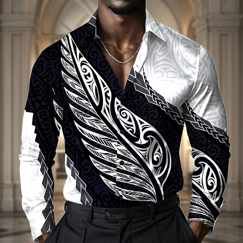 Men's Leaf Polynesian Ethnic Shirt Satin Shirt Dress Shirt Long Sleeve Vintage Retro Vacation Dailywear Summer Spring Fall Turndown 3D Print Button Up Shirts Black White
