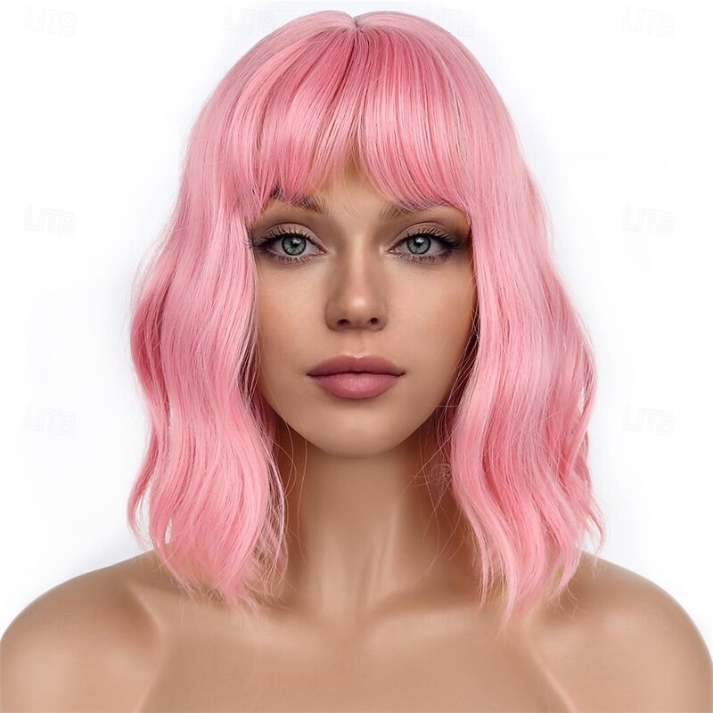 Bob Wigs with Bangs for Women Loose Wavy Wig Pastel Wavy Shoulder Length Bob Synthetic Cosplay Wig for Girl Colorful Costume Wigs