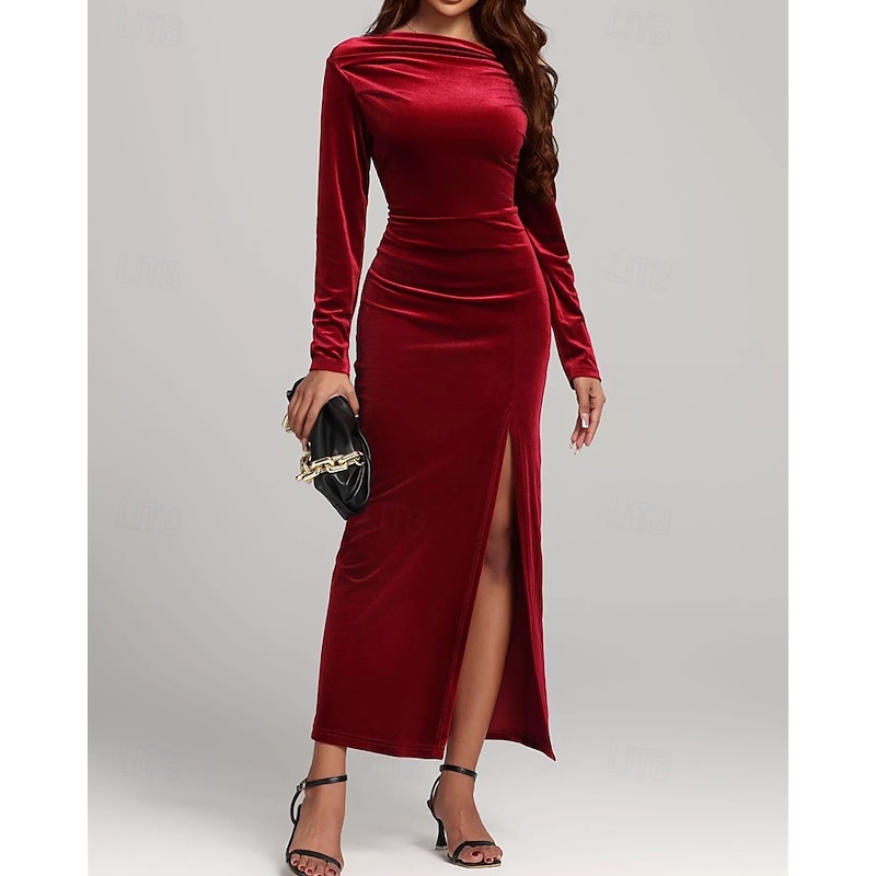Women's Midi Dress Velvet Dress Cocktail Dress Elegant Fashion Modern Outdoor Party Party Evening Wear Regular Fit Plain Long Sleeve Off Shoulder Red Spring Autumn2