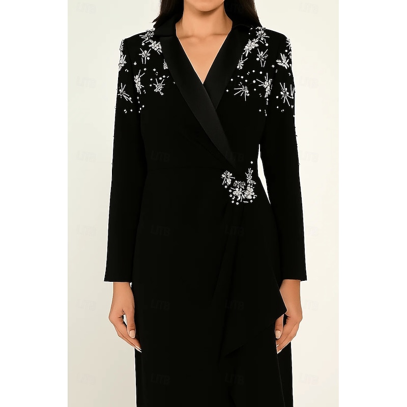 Black Tie Tuxedo Dress Sheath / Column Floral Crystals embellished Formal Wedding Guest Satin Lapel Stretch Crepe Long Sleeve Notch lapel collar with Ruffle