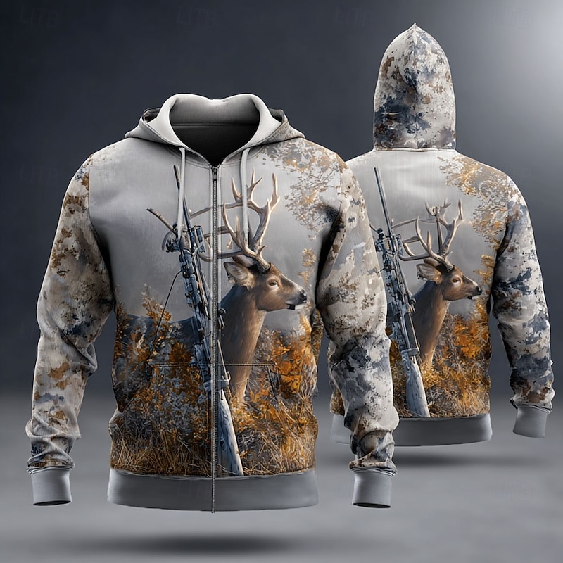 Men's Camo Deer Hoodie Jacket Sweatshirt Fashion Daily Hooded Vacation Hunting Brown Green Drawstring Zipper Fall Winter Designer