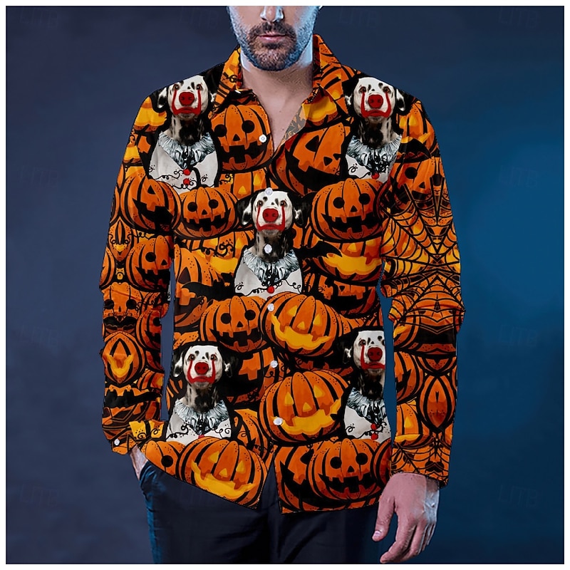 Halloween Men's Dog Lantern Face Shirt Beach Shirt Long Sleeve Vintage Horror Vacation Street Holiday Spring &  Fall Lapel Print Orange red Orange / Gray Orange yellow Black / Orange Orange2