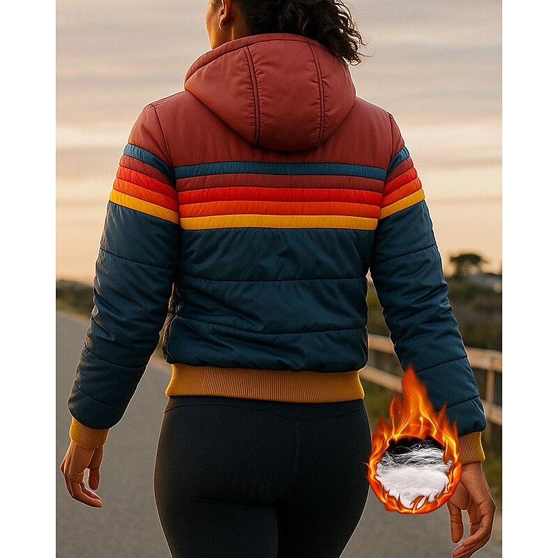 Women's Winter Coat Puffer Jacket Zip Up Pocket Long Sleeve Top Athleisure Fall Striped Cotton Windproof Warm Outdoor Travel Vacation Sportswear Activewear Black Blue Dark Blue2