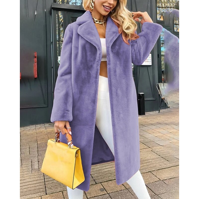 Women's Coat Faux Fur Coat Warm Comfortable Furs & Leathers Casual Plain Vacation Street Casual Daily Wear Long Turndown Regular Fit Long Sleeve Outerwear Light Blue Black Red Fall Winter3