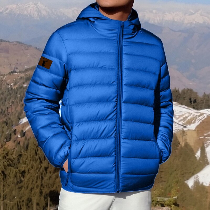 Men's Reindeer Print Winter Coat Down Jacket Puffer Jacket Thermal Warm Rain Waterproof Lightweight Casual Outdoor Daily Padded Quilted Hooded Jacket Fall Winter Hooded Long Sleeve Black Royal Blue4
