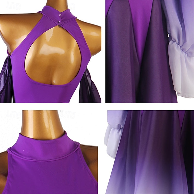 Women's Purple Ombre Ballroom Dance Dress with Flowing Sleeves, Belted Waist, and Halter Neck – Perfect for Latin, Tango, and Performance Wear2