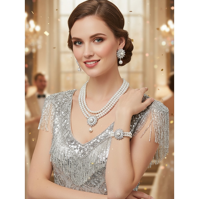 Women's Pearl Jewelry Set with Crystal Flower Accents - Vintage Gatsby Style Necklace, Earrings and Bracelet for 1920s Party and Cocktail Events