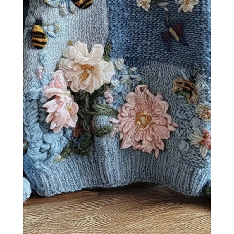 Women's Sweater Vintage Sweater Pullover Daily Casual Floral Ribbed Crew Neck Knitted Print Long Sleeve Regular Tops Knit Outdoor Weekend Blue Fall Winter4