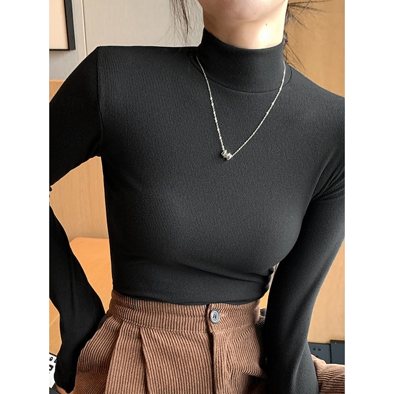 Women's Blouse Solid Color Elegant Stylish Basic Long Sleeve Turtleneck Regular Tops Daily Black White Yellow Brown Khaki Spring Fall Winter3