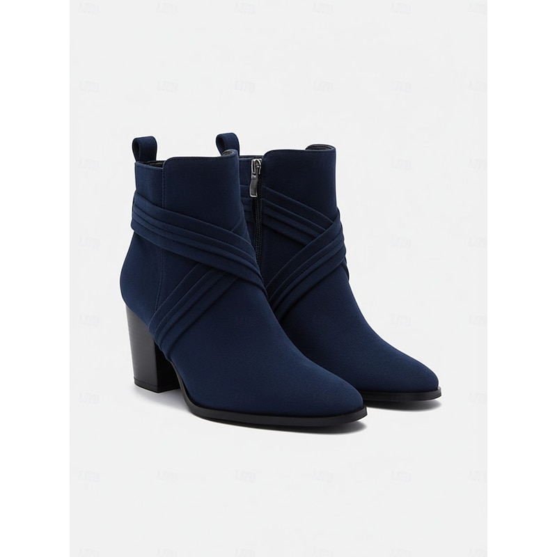Women's Blue Suede Ankle Boots – Stylish Block Heel Short Booties with Side Zipper for Casual Fall and Winter Outfits3