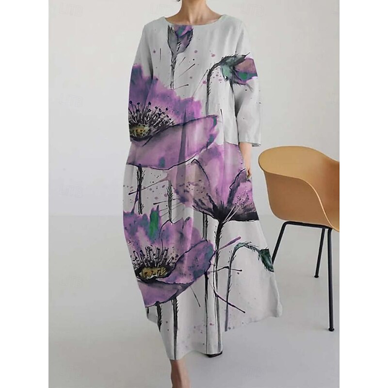 Women's Maxi Dress A Line Dress Fit And Flare Dress Party Birthday Casual Party Office Wedding Guest Loose Fit Floral Graphic Long Sleeve Crew Neck Yellow Pink Blue Green Spring Fall Winter Autumn2