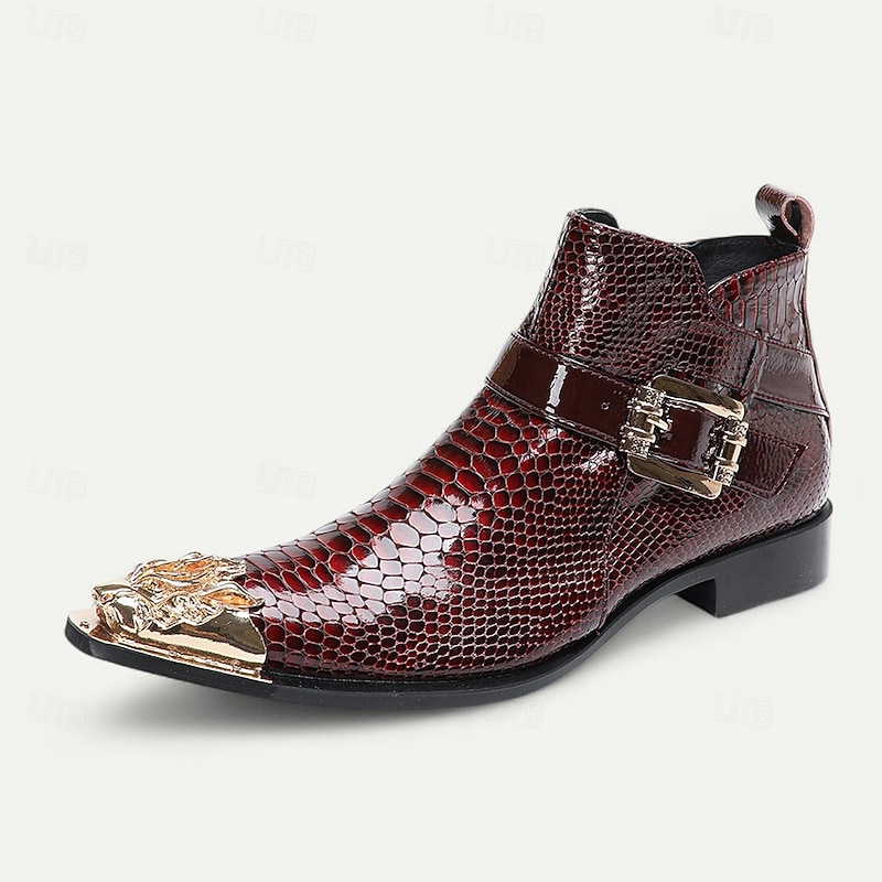 Men's Genuine Leather Ankle Boots with Snake Print and Buckle Straps – Gothic Punk Style Footwear for Parties, Stage Performances and Cosplay2