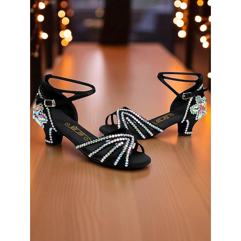 Women's Rhinestone Latin Dance Shoes - Sparkly Ballroom Party Sandals with Low Heel for Salsa, Rumba and Social Events4