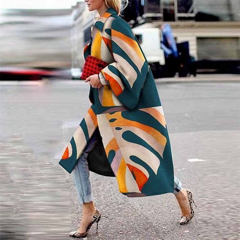 Women's Coat Trench Coat Warm Comfortable Print Fashion Modern Casual Geometric Going out Weekend Long Turndown Regular Fit Long Sleeve Outerwear Yellow Green Dark Blue Winter2