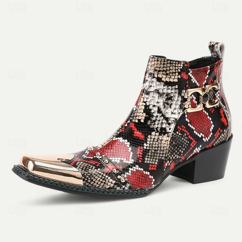 Men's Red and Black Snake Print Leather Boots – Exotic Pointed Toe Ankle Boots with Metal Cap for Weddings, Gatsby Parties and Evening Outfits3
