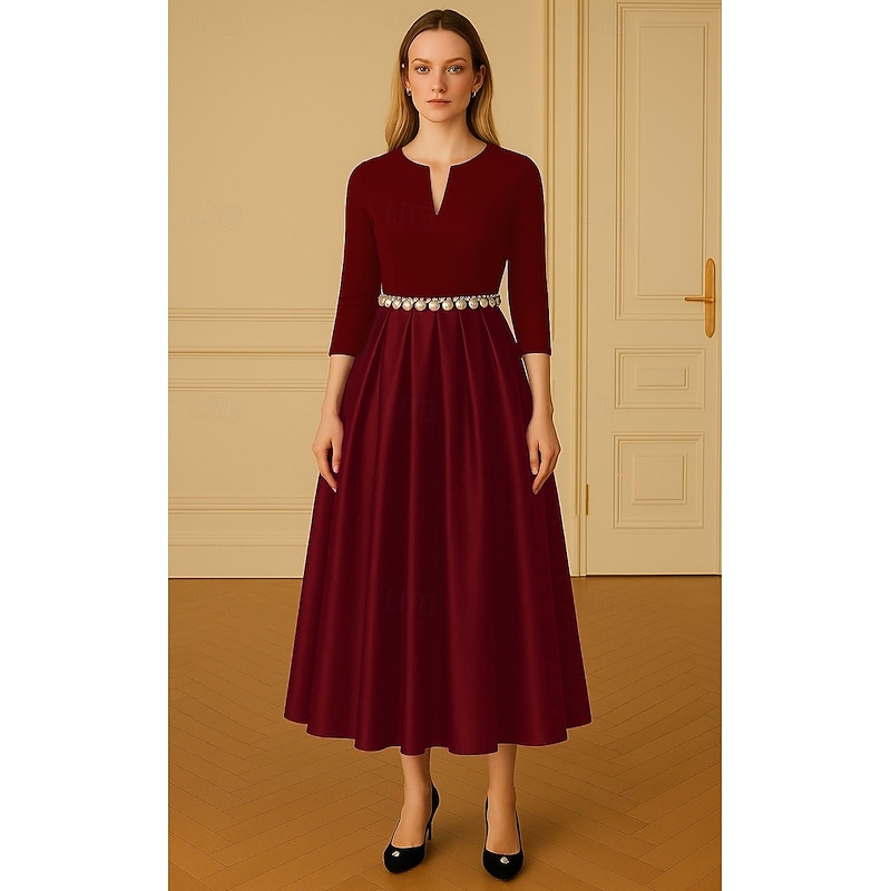 A-Line Mother of the Bride Cocktail Dresses Elegant Formal Dress Formal Wedding Tea Length 3/4 Length Sleeve V Neck Stretch Crepe Satin with Pearls 20254