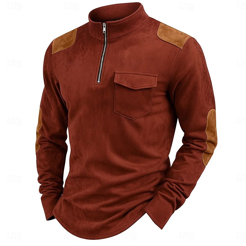 Men's Tee Top Long Sleeve Shirt Long Sleeve Pullover Half Zip Banded Collar Summer Fall Solid Color Daily Casual Street Style Color Block Outdoor Street Causal Red Navy Blue Army Green Top Tee for Men4