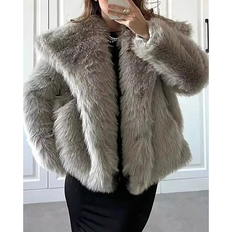 Women's Faux Fur Coat Warm Comfortable Furs & Leathers Casual Plain Vacation Street Holiday Going out Regular Turndown Regular Fit Long Sleeve Outerwear Light Grey Fall Winter