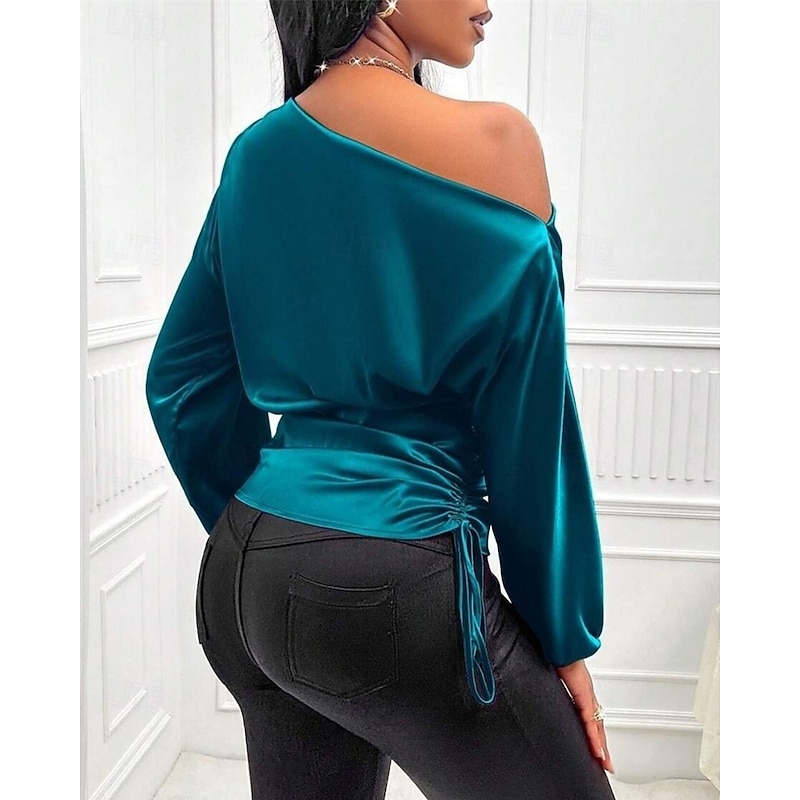 Women's Shirt Elegant Dressy Satin Plain Elegant Stylish Basic Long Sleeve Cold Shoulder Regular Tops Daily Going out Asymmetric Black Blue Brown Green Summer Spring Fall3