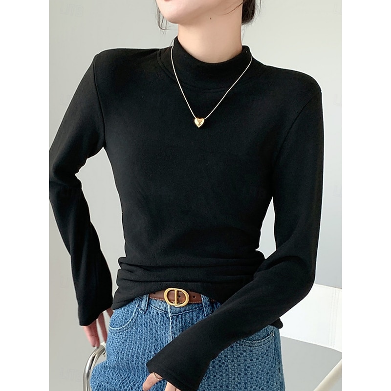 Women's Blouse Solid Color Stylish Casual Long Sleeve Turtleneck Regular Tops Daily Black Pink Brown Green Khaki Spring Fall Winter